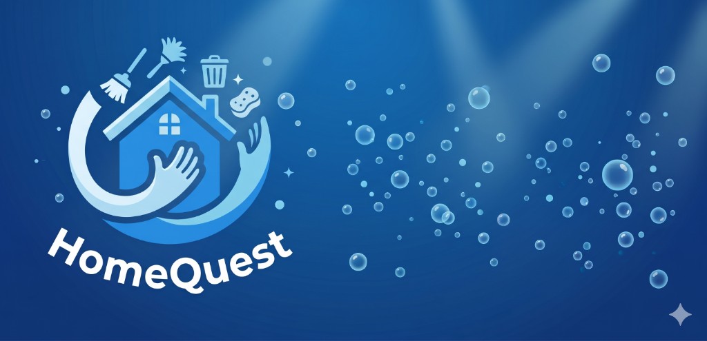 HomeQuest 로고와 집을 감싸는 일러스트